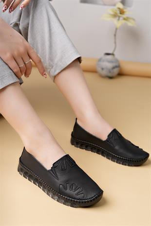 Nesil Shoes Knc 10 Siyah Hakiki Deri Şeffaf Taban Kadın Ayakkabı