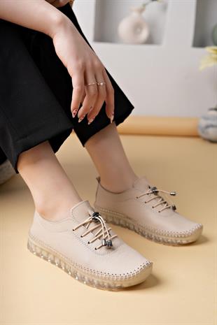 Nesil Shoes Knc 12 Bej Hakiki Deri Şeffaf Taban Kadın Ayakkabı