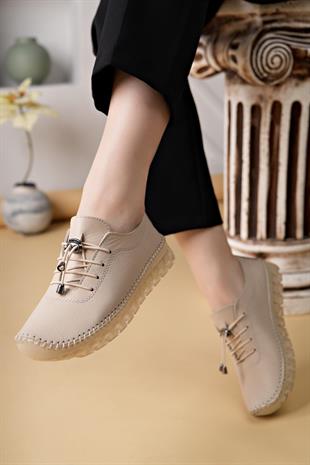 Nesil Shoes Knc 12 Bej Hakiki Deri Şeffaf Taban Kadın Ayakkabı