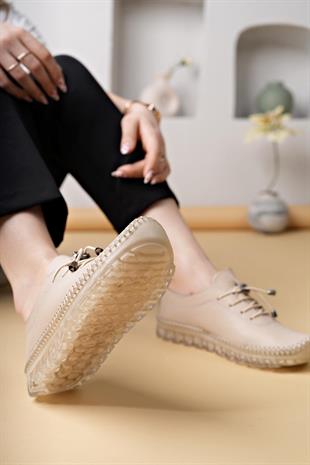 Nesil Shoes Knc 12 Bej Hakiki Deri Şeffaf Taban Kadın Ayakkabı