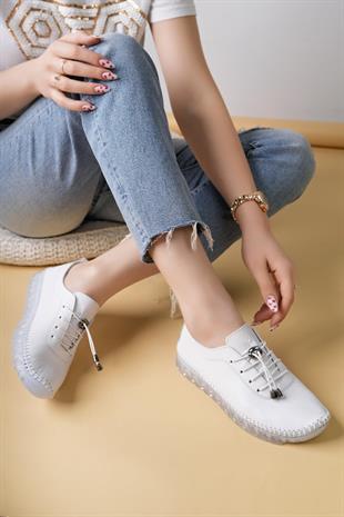 Nesil Shoes Knc 12 Beyaz Hakiki Deri Şeffaf Taban Kadın Ayakkabı