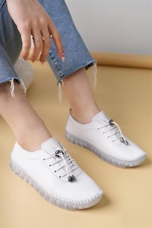 Nesil Shoes Knc 12 Beyaz Hakiki Deri Şeffaf Taban Kadın Ayakkabı