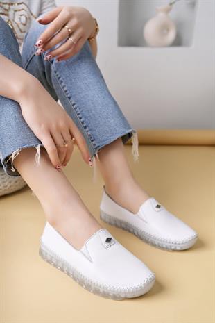 Nesil Shoes Knc 14 Beyaz Hakiki Deri Şeffaf Taban Kadın Ayakkabı
