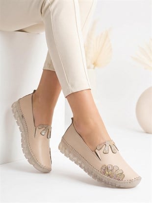 Nesil Shoes Knc 23 Bej Hakiki Soft Deri Kadın Ayakkabı