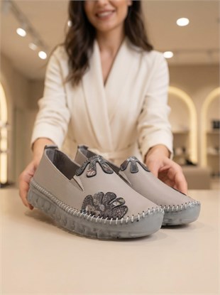 Nesil Shoes Knc 23 Gri Hakiki Soft Deri Kadın Ayakkabı