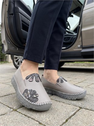 Nesil Shoes Knc 23 Gri Hakiki Soft Deri Kadın Ayakkabı