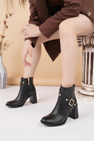 Nesil Shoes Mddm 1015 Siyah Toka Detaylı Topuklu Kadın Bot