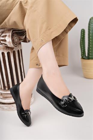 Nesil Shoes Mhd 68 Siyah Rugan Taşlı Günlük Kadın Babet