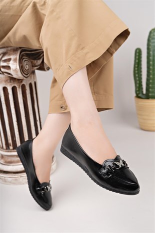 Nesil Shoes Mhd 68 Siyah Rugan Taşlı Günlük Kadın Babet