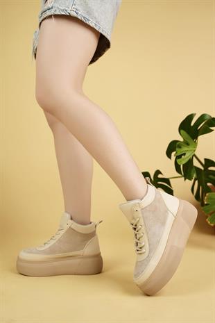 Nesil Shoes Minal 96182 Bej Bağcıklı Kadın Spor Bot