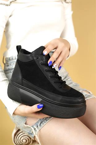 Nesil Shoes Minal 96182 Siyah Bağcıklı Kadın Spor Bot