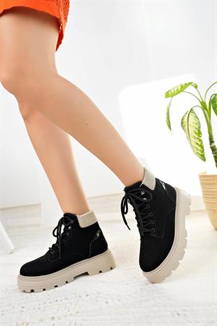 Nesil Shoes Mugo 504 Siyah Süet Bağcıklı Kadın Bot