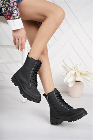 Nesil Shoes Neyna 1328 Siyah Zümrüt Bağcıklı Kadın Bot