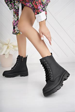 Nesil Shoes Neyna 1328 Siyah Zümrüt Bağcıklı Kadın Bot