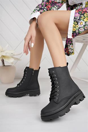 Nesil Shoes Neyna 1328 Siyah Zümrüt Bağcıklı Kadın Bot