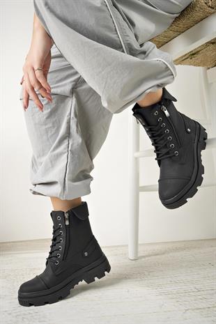 Nesil Shoes Neyna 1337 Siyah Zümrüt Bağcıklı Kadın Bot