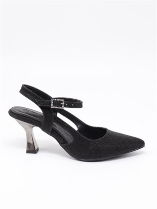 Nesil Shoes Özma 362 Siyah Simli Topuklu Kadın Ayakkabı