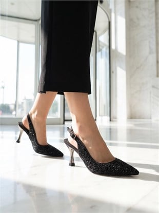 Nesil Shoes Özma 404 Siyah Taşlı Topuklu Kadın Stiletto