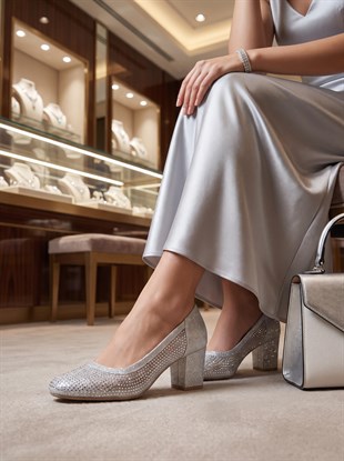 Nesil Shoes Özma 970 Gümüş Topuklu Taşlı Kadın Ayakkabı