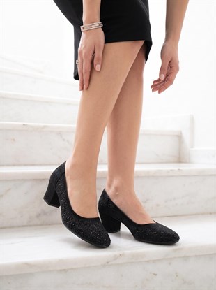 Nesil Shoes Özma 970 Siyah Topuklu Taşlı Kadın Ayakkabı