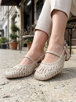 Nesil Shoes Pine 2023 Bej Topuklu Örgü Kadın Sandalet