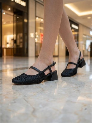 Nesil Shoes Pine 2023 Siyah Topuklu Örgü Kadın Sandalet