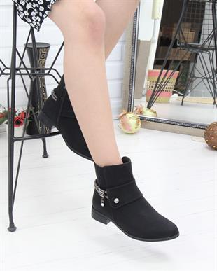 Nesil Shoes Sdf 076 Siyah Zümrüt Taş Detaylı Kadın Bot