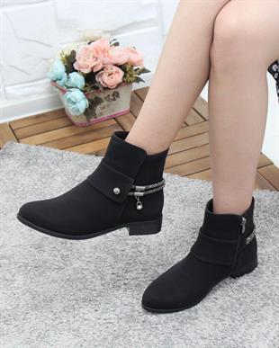 Nesil Shoes Sdf 076 Siyah Zümrüt Taş Detaylı Kadın Bot