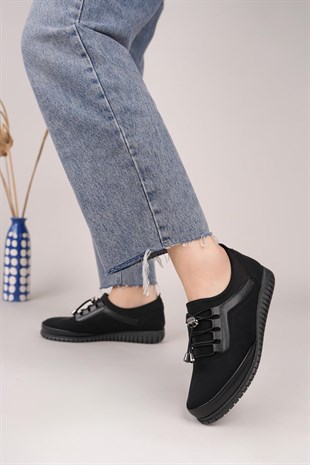 Nesil Shoes Sdf 702-1 Siyah Zümrüt Lastik Bağcıklı Kadın Ayakkabı