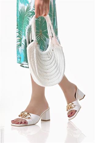 Nesil Shoes Senyo 080 Beyaz Zincir Tokalı Kadın Terlik