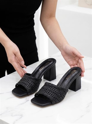 Nesil Shoes Senyo 081 Siyah Örgü Topuklu Kadın Terlik
