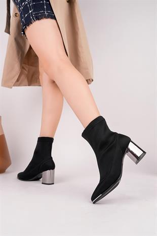Nesil Shoes Senyo 865 Siyah Saten Strech Ayna Topuk Kadın Bot