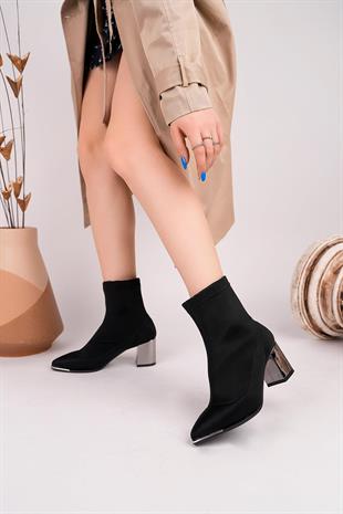 Nesil Shoes Senyo 865 Siyah Saten Strech Ayna Topuk Kadın Bot