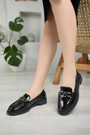 Nesil Shoes Süha 204 Siyah Rugan Anatomik Kadın Lofer