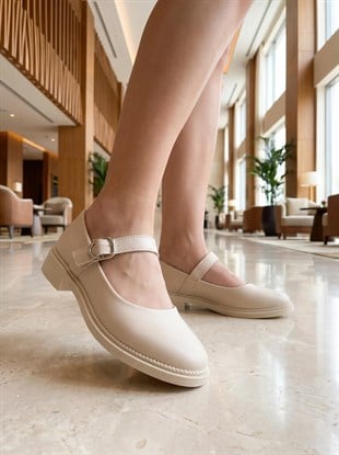 Nesil Shoes Süha 250 Bej Tokalı Balerin Kadın Babet