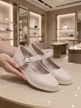 Nesil Shoes Süha 250 Bej Tokalı Balerin Kadın Babet