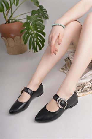 Nesil Shoes Swell 01453 Siyah Tokası Taşlı Kadın Babet