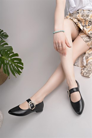 Nesil Shoes Swell 01453 Siyah Tokası Taşlı Kadın Babet
