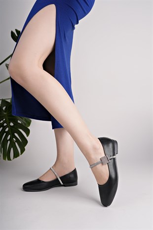 Nesil Shoes Swell 20820 Siyah Tokası Taşlı Kadın Babet