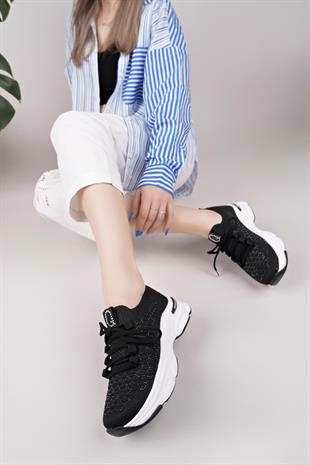 Nesil Shoes Swell 37100 Siyah Beyaz Triko Kadın Sneakers