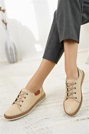 Nesil Shoes Syg P38 Bej Hakiki Deri Kadın Ayakkabı