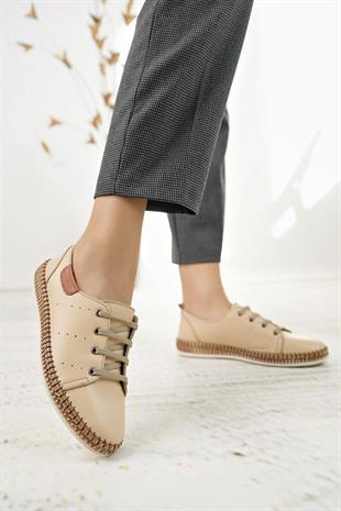 Nesil Shoes Syg P38 Bej Hakiki Deri Kadın Ayakkabı