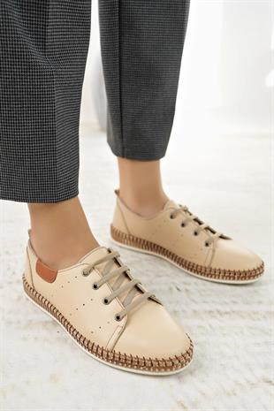 Nesil Shoes Syg P38 Bej Hakiki Deri Kadın Ayakkabı