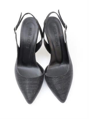 Nesil Shoes Tam 181 Siyah Simli Topuklu Kadın Sandalet