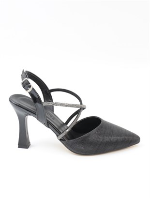 Nesil Shoes Tam 182 Siyah Simli Topuklu Kadın Sandalet