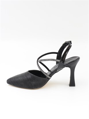 Nesil Shoes Tam 182 Siyah Simli Topuklu Kadın Sandalet