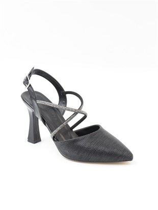 Nesil Shoes Tam 182 Siyah Simli Topuklu Kadın Sandalet