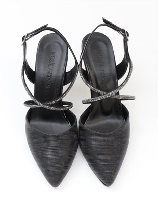 Nesil Shoes Tam 182 Siyah Simli Topuklu Kadın Sandalet