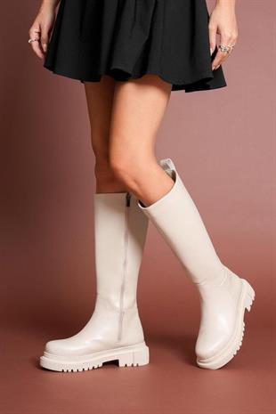 Nesil Shoes Toz 1978 Bej Fermuarlı Günlük Kadın Çizme