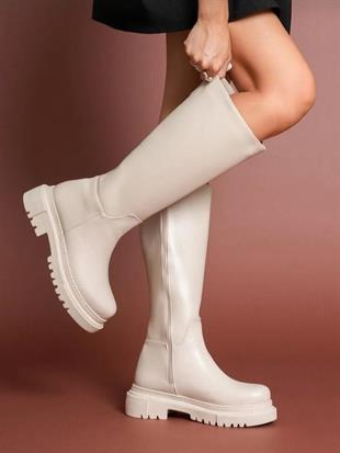 Nesil Shoes Toz 1978 Bej Fermuarlı Günlük Kadın Çizme